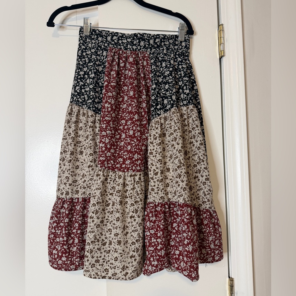Boho Floral A-Line Skirt in Black, Red, and Cream